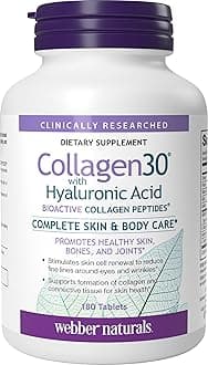 Webber Naturals Collagen30 with Hyaluronic Acid, Bioactive Collagen Peptides, 180 Tablets, Helps Reduce Eye Wrinkles and Fine Facial Line, Non GMO