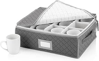 StackStorePlusMore China Cup Storage Chest - Quilted Fabric Container in Gray Measuring 16" x 13" x 6"H - Perfect Storage Case for Coffee Cups - Tea Cups - Mugs