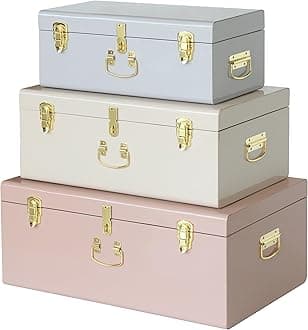 Vixdonos Decorative Box Set of 3 Metal Trunks Chest with Safety Lock Clasp for Treasure Organization and Home Dorm Decor,26.8x16.5x11Inches