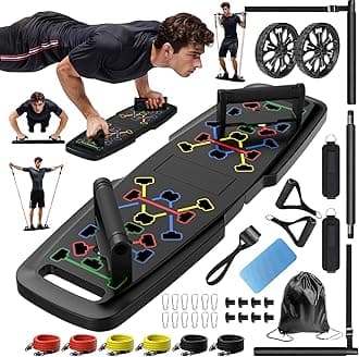 Push Up Board,Home Gym,Portable Exercise Equipment,Pilates Bar & 20 Fitness Accessories with Resistance Bands & Ab Roller Wheel,Full Body Workout at Home