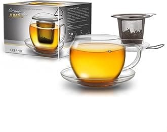Creano Jumbo Tea Cup with Handle and Integrated Stainless Steel Strainer, Glass lid and Saucer | 450ml