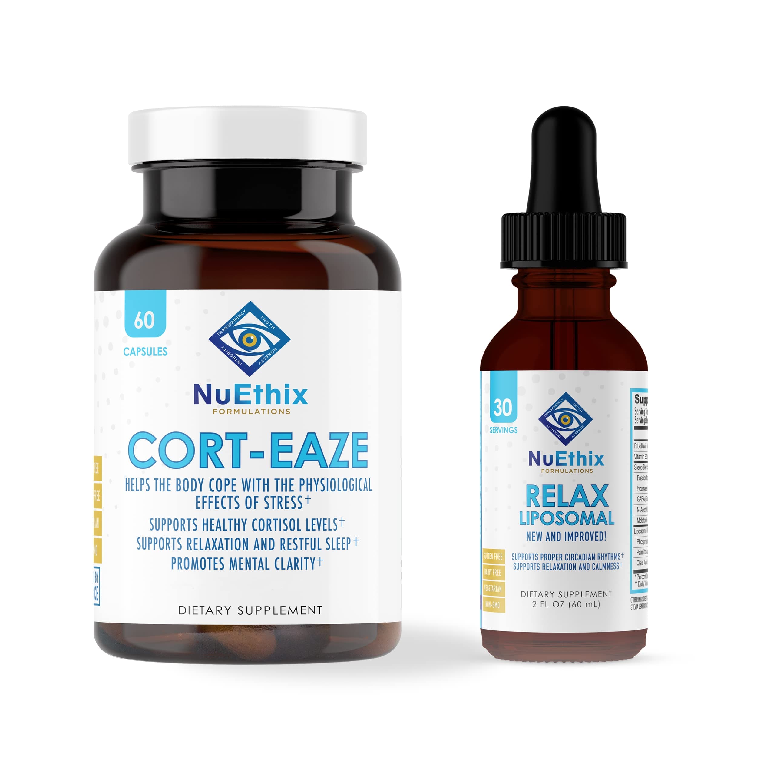 NuEthix Formulations Relaxation Supplement Bundle: Cort-Eaze Cortisol-Control Supplement, 60 Capsules, 30 Servings and Relax Liposomal, 2 Fluid Ounces, 30 Servings