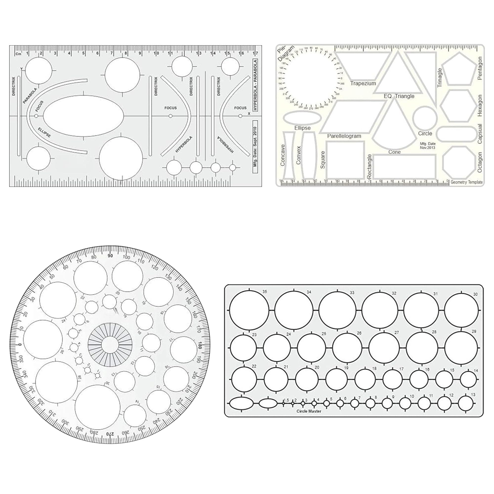 Plastic Circle Master (35 Circles), Pro Circle (25 Circles), Hyperbola- Parabola Template, Geometry Template (16 Shapes), Drafting Scale Ruler (Geometry Combo Of 4)