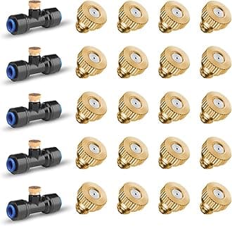 HOMENOTE 20 Pack Brass Misting Nozzles and 5 Pack Tee Misters for Outdoor Cooling System, Nozzles Replacements for 1/4 inch tubing, Patio Cooling, Garden Watering, Fan Mist System