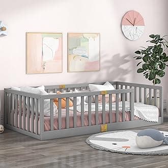 Tatub Twin Montessori Floor Bed with High Rails, Solid Wood Montessori Bed Frame for Kids, Entry Can Install Left and Right, Twin-Grey