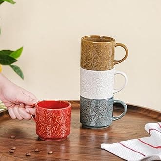 Ceramic Stackable Tea Cup Set of 4 | Microwave & Dishwasher Safe, Glossy Finish, Perfect for Gifting (Leaf Embossed, 250ml Each)