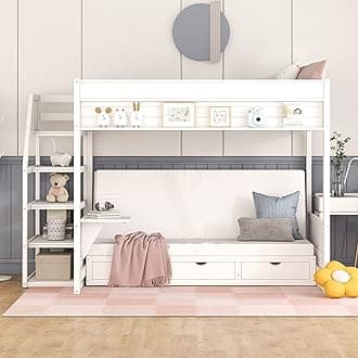 Multi-functional Full-Over-Full Bunk Bed with Storage Staircase and 3 Drawers, Solid Wood Bunk Bed Frame with Bedside Table for Kids Children Bedroom, Down Bed can be Convertible to Daybed (White-335)