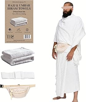 Men's Ihram for Hajj & Umrah - Sweat Absorbent, Comfortable, Fully Opaque, 2-Piece Towel Set, Ehram Ahram 110 x 210cm, Ideal for Muslim Men, Small, White