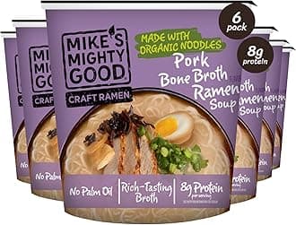 Mike’s Mighty Good Bone Broth Pork Ramen Cup (Pack of 6) – 8g Protein Instant Ramen Noodles – Organic Steamed, Non-GMO - Canola, Vegetable & Palm Oil-Free – Simple Ingredients, Ridiculously Rich Broth