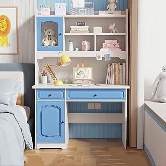 Study Desk with Hutch and Bookshelf,Wooden Computer Desk Home Office Desk Teenager Desk with Shelves and Drawers,Girl Boy Cute Writing Study Desk Bookshelf Combo