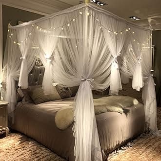 4 Corners Post Canopy Bed Curtain for Girls & Adults - Royal Luxurious Cozy Drape Netting - Cute Princess Bedroom Decoration Accessories (White, King)