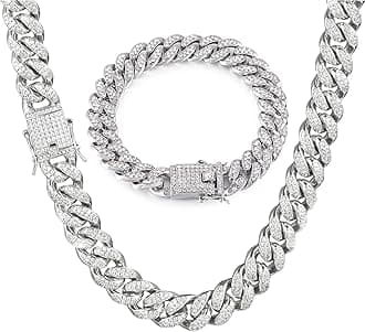 2pcs Cuban Link Chain for Men,Silver Necklace and Bracelet,Miami Cuban Chains,Bling Diamond Chain for Hip Hop Jewelry