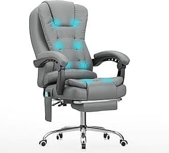 Blisswood Office Chair with Lumbar Support – 8 Point Back Massager Desk Chair with Footrest, 360° Swivel, 135° Recline and Padded Armrests for Office, Home, Work and PC Gaming - PU Leather (Grey)