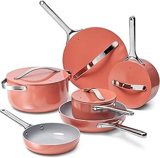 Deluxe Nonstick Ceramic Cookware Set (16 Piece) Pots, Frying Pans, Lids and Kitchen Storage - PFAS & PFOA Free - Oven Safe Ceramic Pan Set & Compatible with All Stovetops - Perracotta