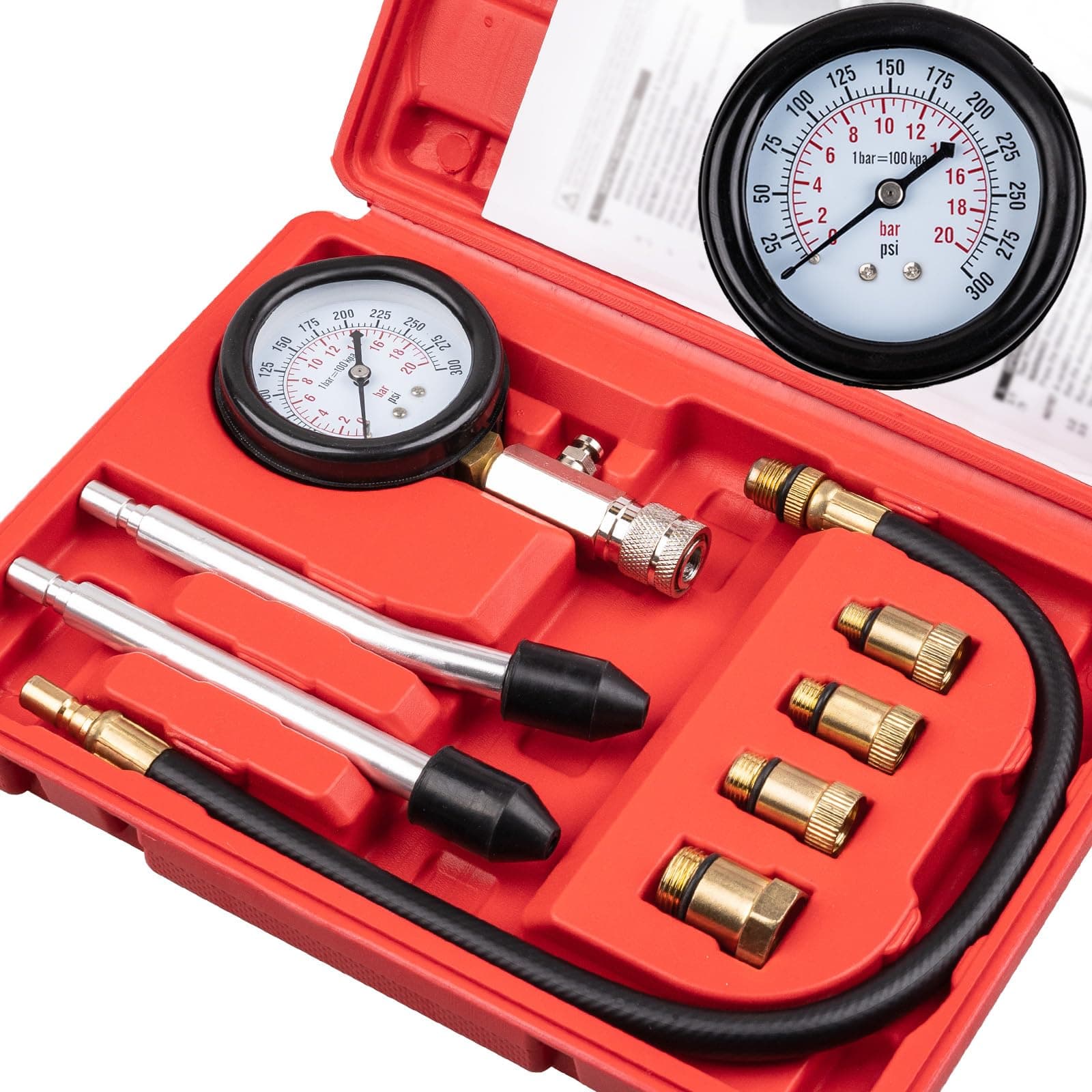 8pcs Petrol Engine Cylinder Compression Tester Kit, Small Engine Compression Tester Automotive Tool Gauge 0-300PSI for Testing Car Motorcycle Outboard Motor Snowmobile Chainsaw