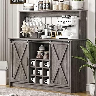 4ever2buy Farmhouse Coffee Bar Cabinet with 9 Wine Racks and 6 Hooks, 47 Inch Wine Cabinet with Storage, Kitchen Buffet Cabinet with Adjustable Shelves for Living Dining Room, Grey