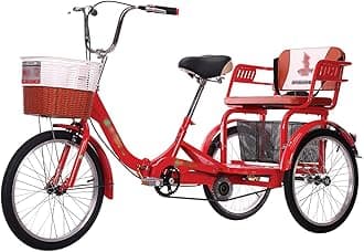 Three Wheel Cruiser Bike Two-Seater Adult Tricycle 20in 3-Wheeled Bicycles with Shopping Basket Traditional Design for Seniors(Size:Red)