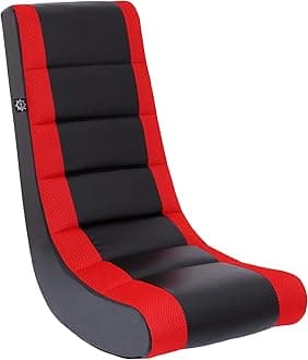 Classic Video Rocker Floor Gaming Chair, Kids and Teens, Racing Stripe PU Faux Leather & Polyester Mesh, Black/Red