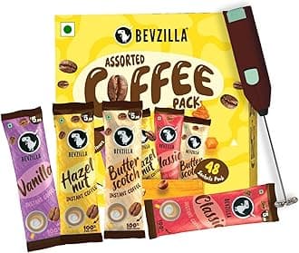 48 Flavoured Coffee Sachets With Frother (48X2 Gram) | 12 Pouch Each Flavour | Hazelnut, Vanilla, Classic & Butterscotch | Cafe Coffee Kit