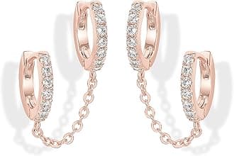 14K Gold Chain Earrings for Women | Double Piercing Dangle Chain Huggie Hoop Earrings | Cubic Zirconia Pearl Stud Ear Cuff Earrings for Women