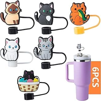 6-Piece Cats Straw Covers for Stanley Cup, 0.4in/10mm Diameter Toppers, Compatible with Stanley 20/30/40oz Cup, Dust-Proof Caps for Water Bottle