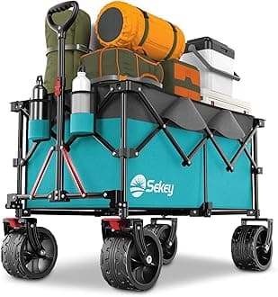 Sekey 220L Wagons Carts Foldable with Big All-Terrian Beach Wheels, Collapsible Heavy DutyWagon with Cup Holders, Extra Large Folding Wagon,Foldable Wagon for Camping, Garden, Sports.Turquoise