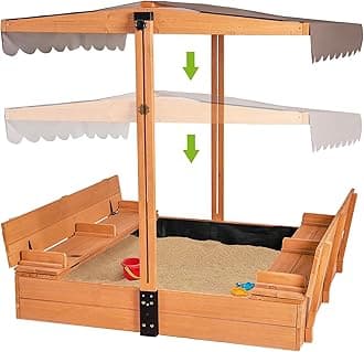 Kids Wooden Outdoor Sandbox w/Canopy, 2 Foldable Bench Seats, Retractable Roof Sand Protection Liner 47x47-Inch