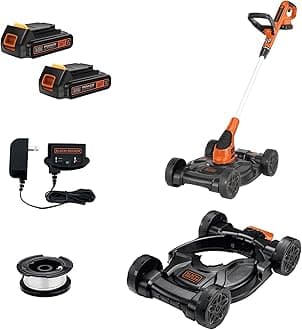 BLACK+DECKER Weed Eater, Lawn Edger and Cordless Lawn Mower 3 in 1 Combo, Includes (2) Batteries, Charger, 12 Inch Battery Powered String Trimmer and Lawnmower, Adjustable Length and Height (MTC220)
