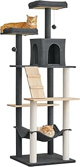 MWPO Large Modern Cat Tree, 70.1-Inch Wood Cat Tower for Indoor Cats, Multi-Level Tall Cat Condo with 2 Padded Perches, Hammock, Scratching Posts, Dangling Toys, Smoky Grey