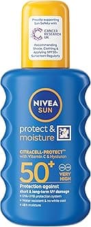 NIVEA SUN Protect & Moisture Sun Spray SPF 50+ (200ml), Moisturising Suncream Spray with Vitamin C and Hyaluron, Immediate UVA/UVB Protection, Fast-Absorbing No White Cast Formula
