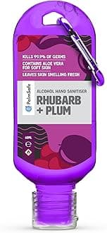 Palm Safe Rhubarb and Plum 60ml Anti Bacterial Premium Hand Sanitiser Travel Size Refillable Clip Bottle Quick Drying Non Sticky Extra Moisturising Kills 99.9% of Viruses and Bacteria