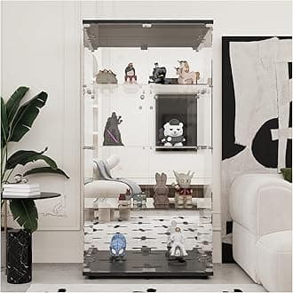 LFT HUIMEI2Y Glass Display Cabinet 4-Shelf with Double Door, Lock, and Mirror, Curio Cabinets Upgraded Quick-Install Style, Tempered Glass Collection Display Showcase for Bedroom, Living Room, Black