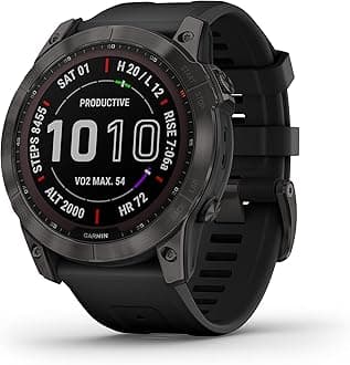 Fenix 7X Sapphire Solar, Larger Adventure smartwatch, with Solar Charging Capabilities, Rugged Outdoor Watch with GPS, Touchscreen, Wellness Features, Carbon Gray DLC Titanium with Black Band