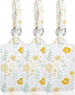 Teskyer Luggage Tags, 3 Pack Premium PU Leather Luggage Tags for Suitcases, Privacy Protection Travel Bag Tags, Flowers & Leaves