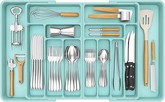 Silverware Drawer Organizer, Expandable BPA Free Plastic Utensil Tray for Kitchen, Adjustable Flatware Cutlery Holder for Spoons Forks Knives, 21.3- 36 x 16.9", Turquoise