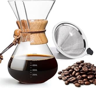 Pour Over Coffee Maker 20 OZ, 6 Cup Borosilicate Glass Drip Coffee Maker with Reusable Stainless Steel Filter and Cork Grip for Home Café 600 ML