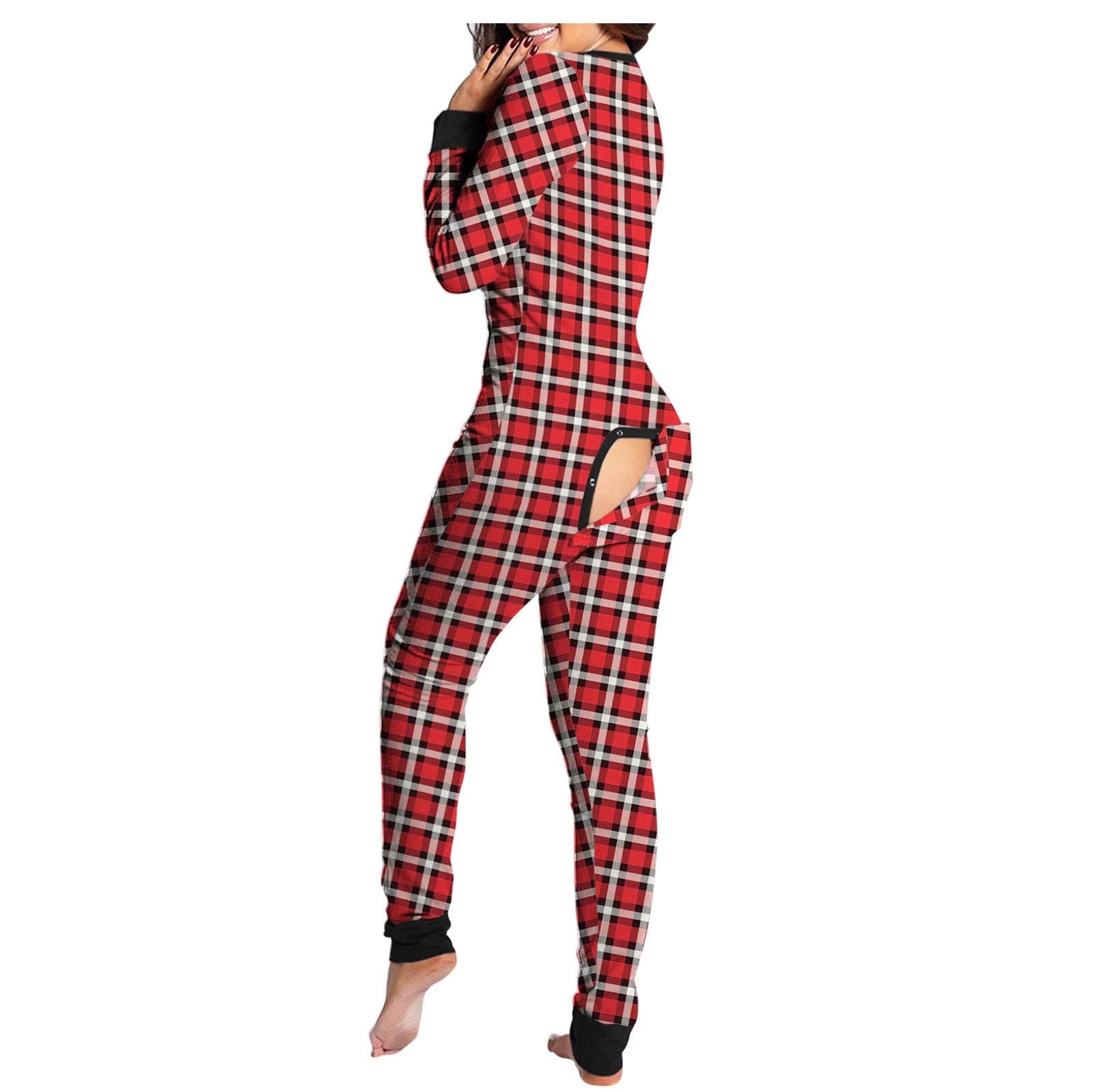 FACAIA Women's Butt Flap Pajamas Button Down Front Functional Buttoned Flap Adults Sleepwear Jumpsuit