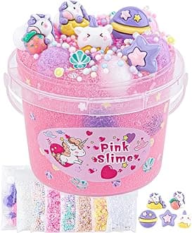 10 FL OZ UnicornSlime Kit, Pink Clear Slime Bucket, Glimmer Crunchy Party Favors for Kids, Includes 9 Packs of Add-ins, Sensory Experience DIY Toys for Ages 8-12