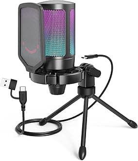 A6V USB Gaming Condenser Microphone with RGB, Quick Mute, Pop Filter, Shock Mount & Gain Control – Ideal for PC, PS5, Streaming, Discord, Twitch, Podcasts & Videos|Black