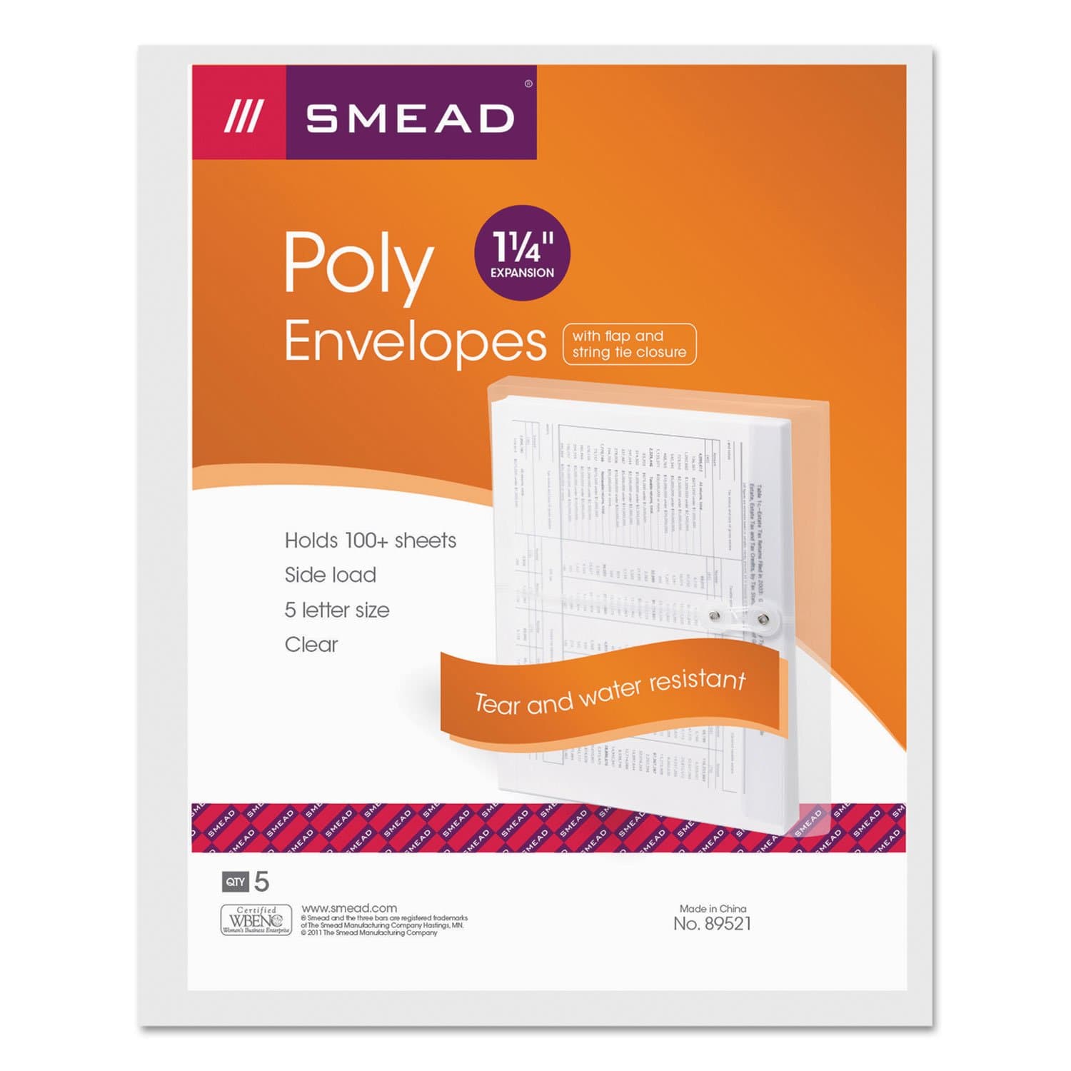 Smead Poly Envelope, 1 1/4 Inch Expansion, String-Tie Closure, Side Load, Letter Size, Clear, 5 per Pack (89521)