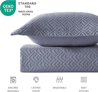 EXQ Home Quilt Set Full/Queen Size Blue 3 Piece,Lightweight Microfiber Soft Coverlet Modern Style Squares Pattern Bedspread Set for All Season(1 Quilt,2 Pillow Shams)