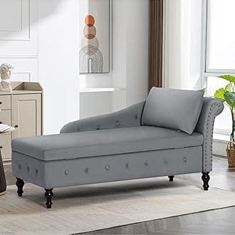 Upholstered Chaise Lounge with Right Armrest & Lumbar Pillow,Button Tufted Lounge Sofa with Storage,Lounge Chair Indoor,Modern Velvet Lounge Chair for Bedroom, Living Room and Office,Grey