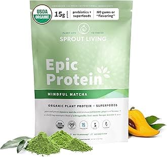Sprout Living Epic Protein, Plant Based Protein & Superfoods Powder, Mindful Matcha | 17 Grams Organic Protein Powder, Vegan, Non-GMO, Gluten Free, Adaptogens + Nootropics (1 Pound, 12 Servings)