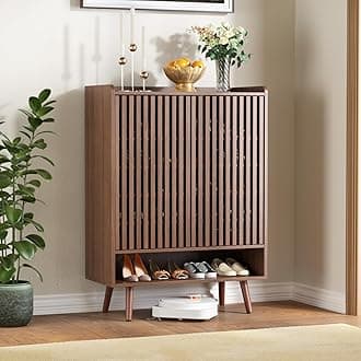 FiveWillowise Large Shoe Cabinet with Grille Doors, 6 Tier Wooden Shoe Storage Cabinet with Adjustable Shelves, Mid-Century Freestanding Shoe Organizer Cabinet for Entryway, Hallway, Walnut