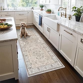 Hallway Washable Runner Rug - 3x6 Kitchen Rugs Entryway Rug Runner Vintage Soft Floor Mat Non Slip Indoor Farmhouse Carpet for Bathroom Living Room Bedroom (3 X 6, Beige)