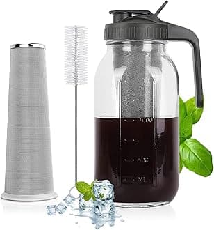 Cold Brew Coffee Maker - 64 Oz Heavy-Duty Glass Mason Jar Pitcher with Stainless Steel Filter, Leak-Proof Lid, Ergonomic Handle & Precision Pour Spout – Ideal for Iced Coffee, Tea, Cold Brew (Black)