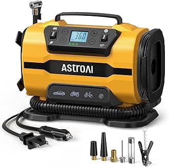 AstroAI Air Compressor, Electric Air Pump, 5 in 1, Tire and Pool, For Automobiles, AC/DC Power, 150 PSI, Automatic Power Off, Memory Function, LED Light, 5 Types of Conversion Nozzles, Presta