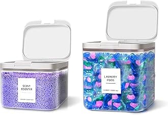 2 Pack Laundry Pods Container for Laundry Room Organization, Laundry Pod Up Holder with 30 Labels and Scoops, Laundry Detergent Powder Container, Dryer Sheet Holder