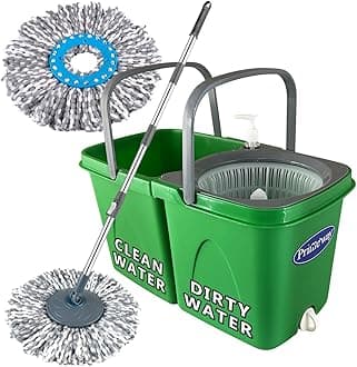 Primeway® PP Twin Bucket 360 Rotating Spin Floor Cleaning Mop with Clean and Dirty Water Separator with 2 Microfibre 38cm Mop Head Refills | 6 LTR (Green)