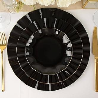 Efavormart 10 Pack | Black 6" Round Plastic Dessert Salad Plates, Disposable Appetizer Plates with Gold Wavy Rim for Wedding, Outdoor Receptions, Banquets, Holiday Dining